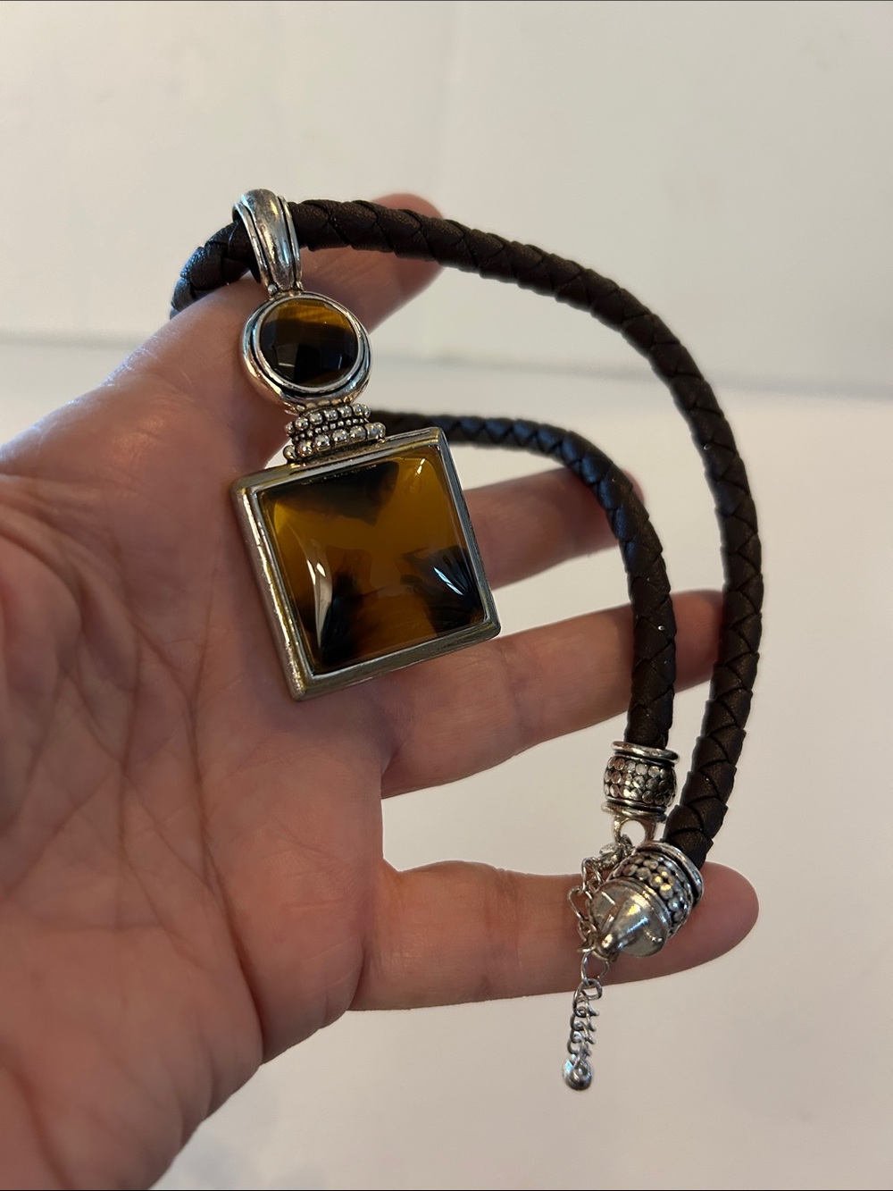 Tortoise shell square Pendant Necklace on dark brown braided cording